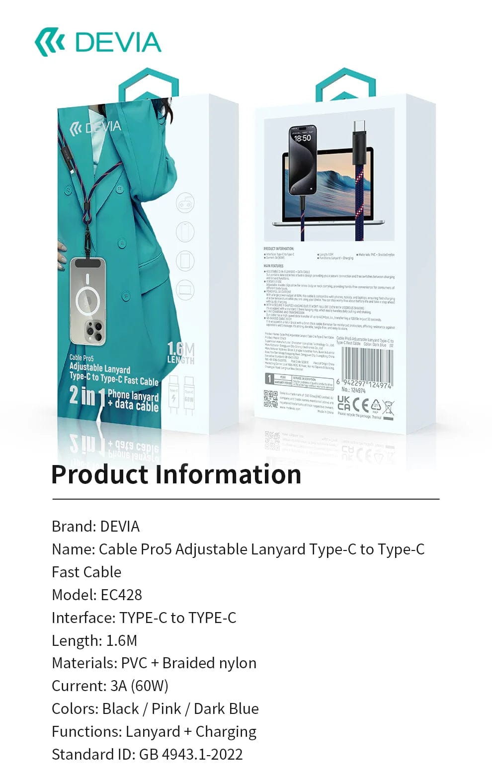 Devia-Web cables Pro5 Adjustable Lanyard Type C Cable PD 60W – Devia Pakistan