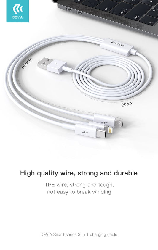 Devia-Web cables Smart Series 3 in 1 Charging Cable – Micro USB, Type C & Lightning