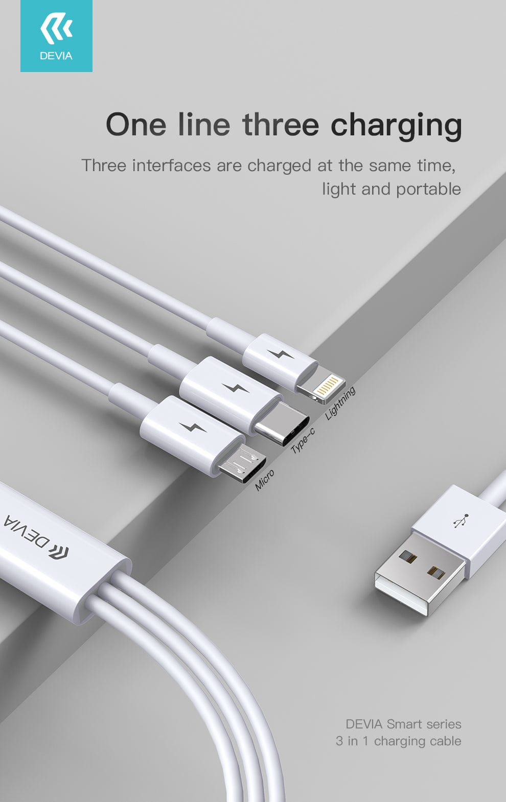 Devia-Web cables Smart Series 3 in 1 Charging Cable – Micro USB, Type C & Lightning