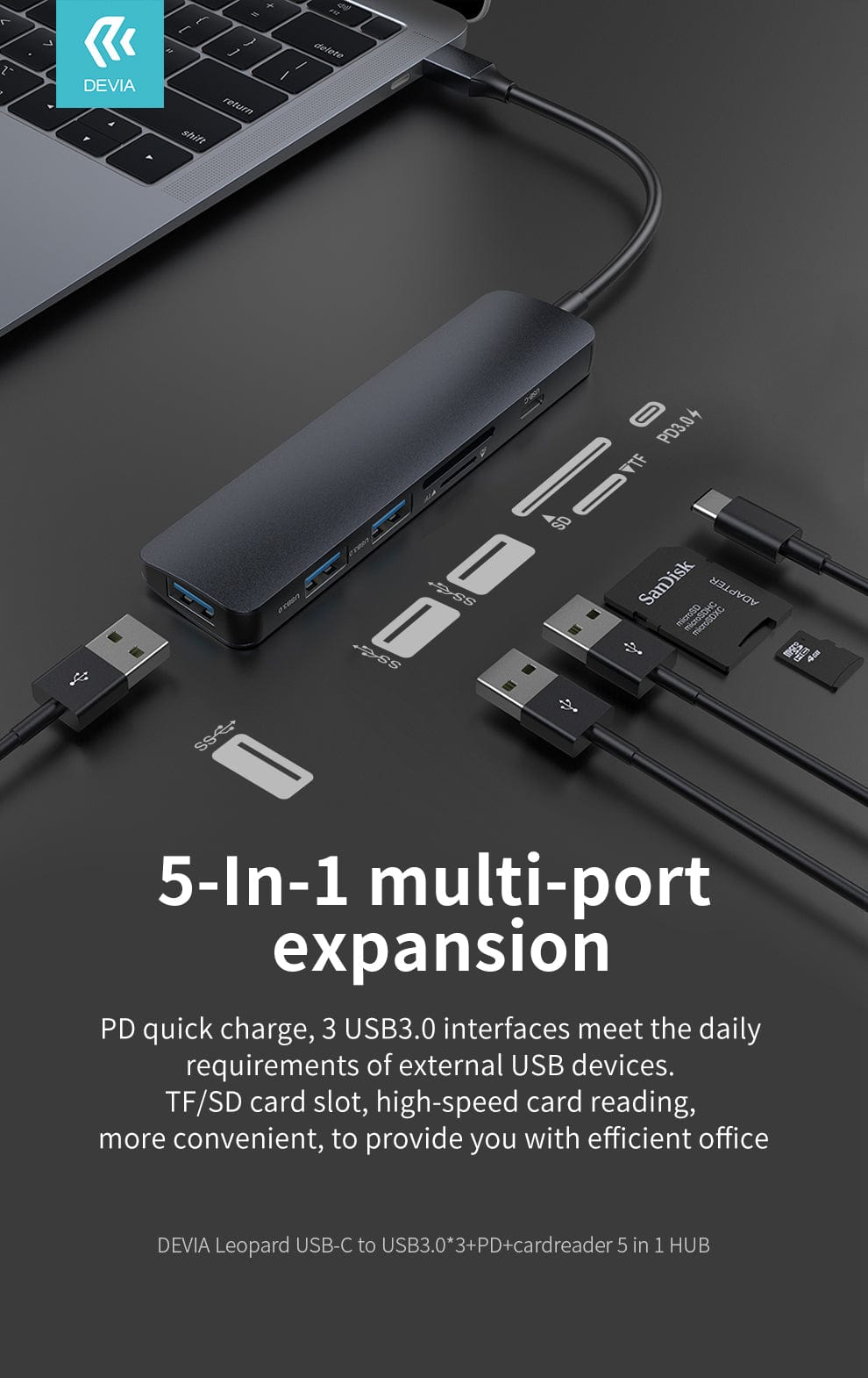 Devia-Web hubs Leopard 5-in-1 Type-C to USB Hub + PD + Card Reader | Devia