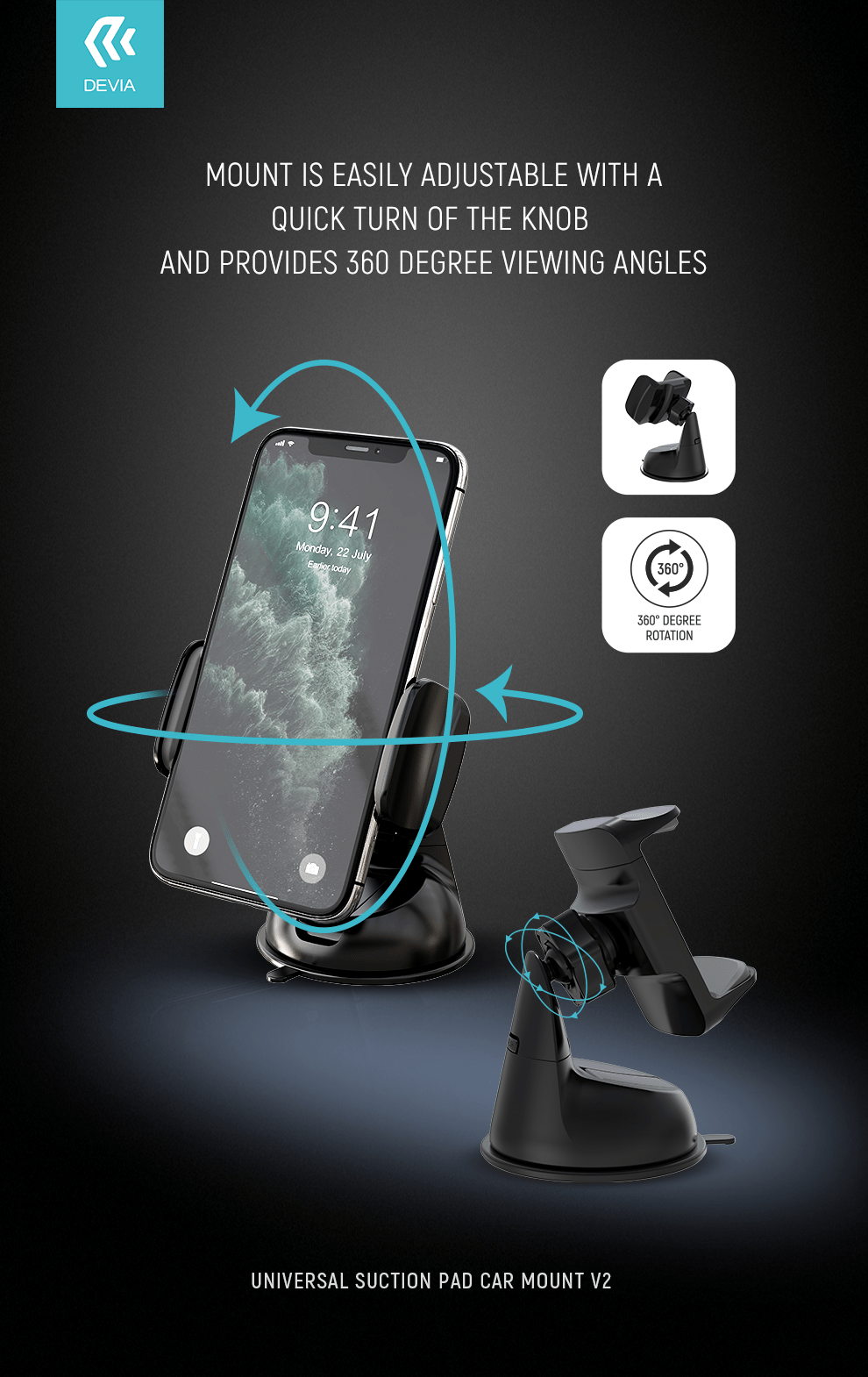 Devia-Web mobile accessories Black Universal Suction Pad Car Mount V2 – Phone Holder | Devia Pakistan