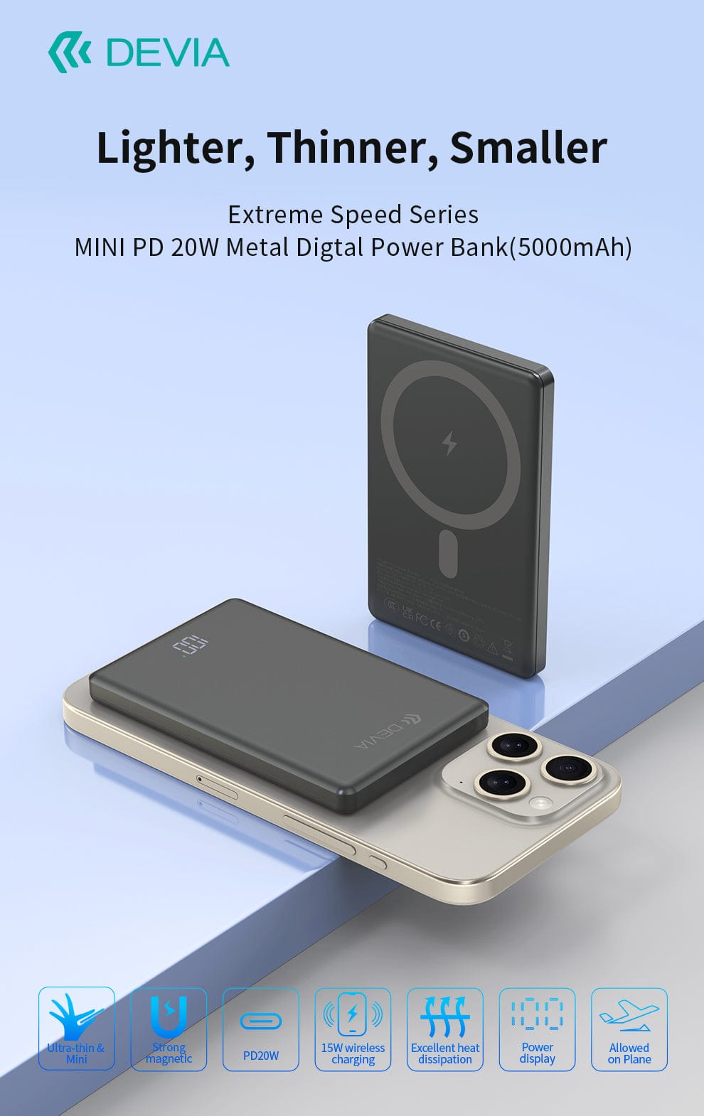 Devia-Web power banks Extreme Speed Series MINI PD 20W Metal Digital Power Bank (5000mAh)
