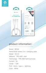 Devia-Web cables Smart Series 3 in 1 Charging Cable – Micro USB, Type C & Lightning