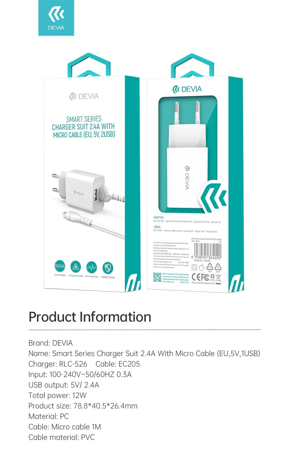 Devia-Web charger Smart Series 2.4A Charger with Dual USB & Micro Cable | Devia